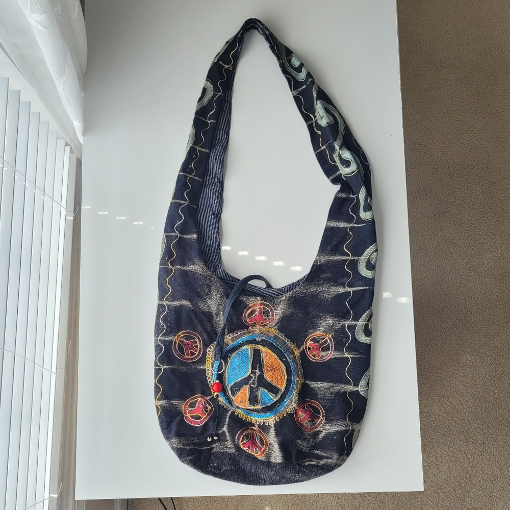 Black Boho Peace Sign Crossbody Bag